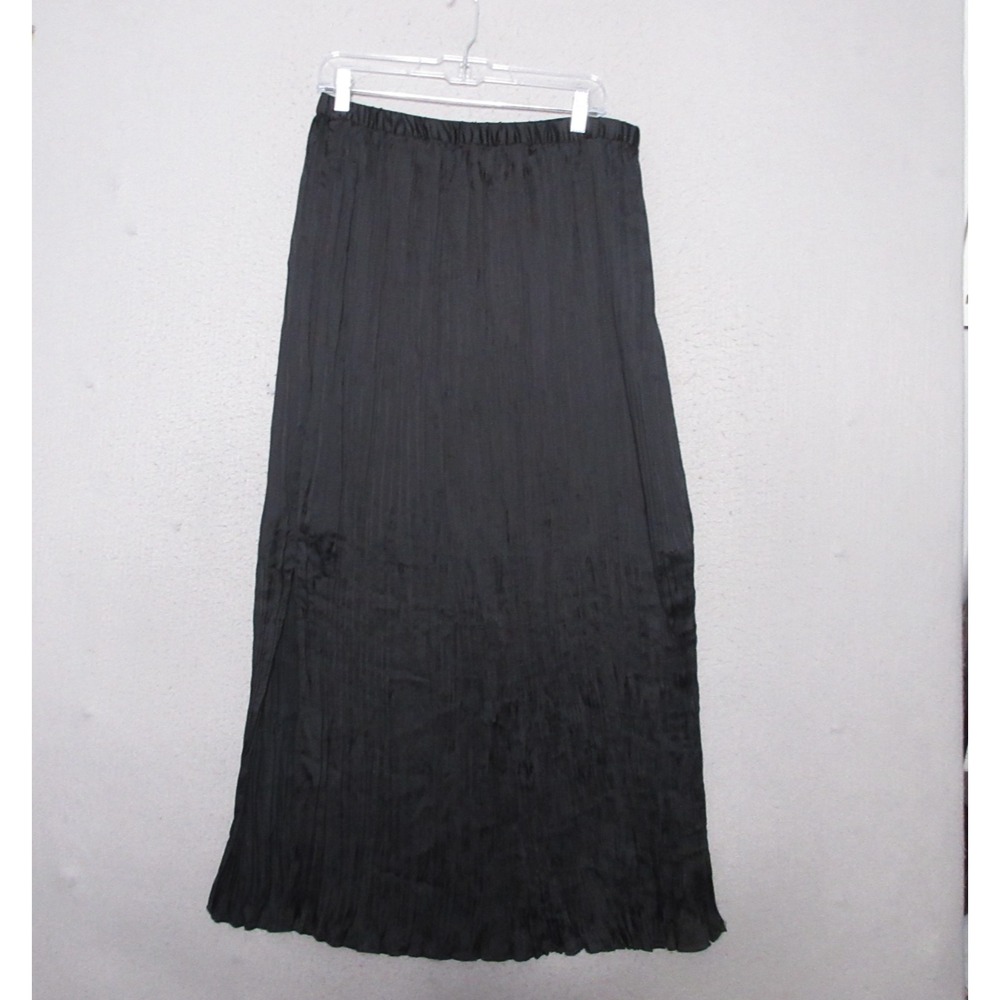 Coldwater Creek Skirt Medium Black Crinkle Pleated Midi Whimsigoth Pull On Satin